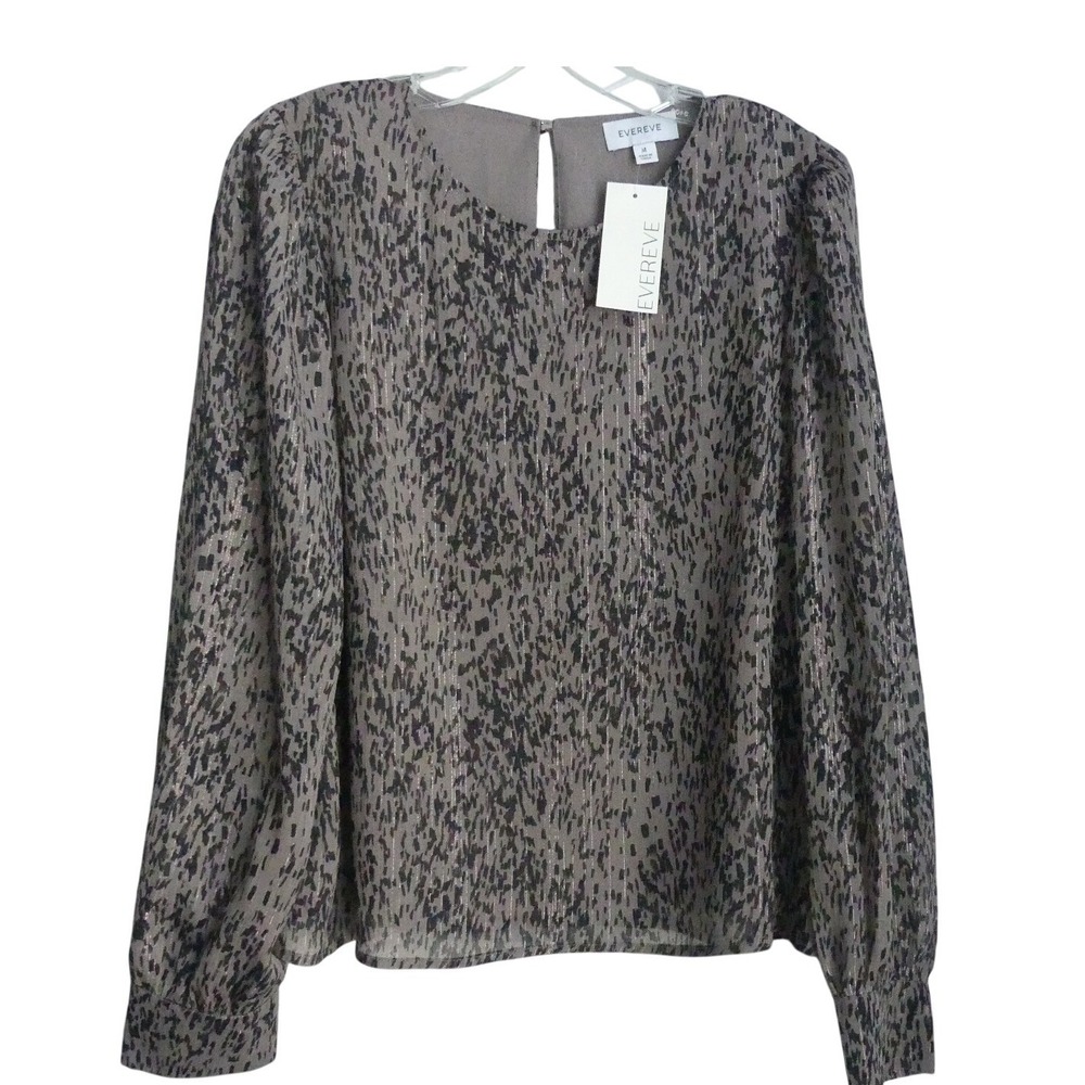 Evereve Ida Lurex Blouse Taupe Abstract Metallic Top Sheer Lined Corpcore NWT